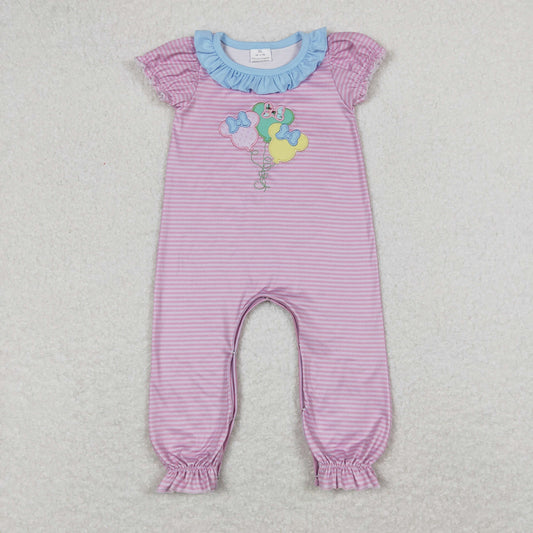 SR0611 Embroidered Bow Mickey Balloon Blue Ruffle Pink Striped Short Sleeve Romper RTS 202508