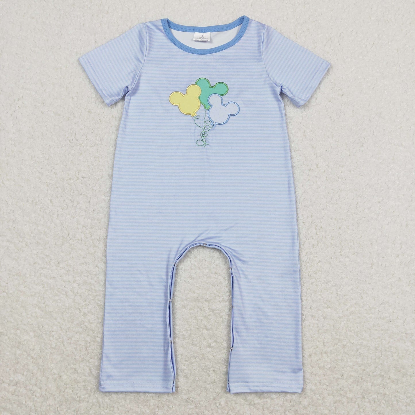 SR0612 Embroidered Mickey Balloon Blue Striped Short Sleeve Boys Romper RTS 202508