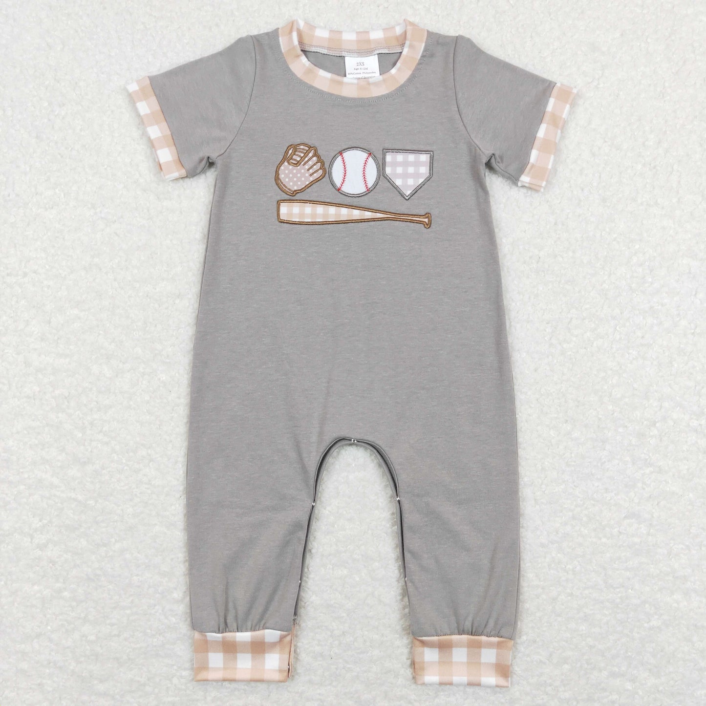 SR0614 Baseball Pattern Baby Romper Gray Orange check romper sports baby RTS 202412