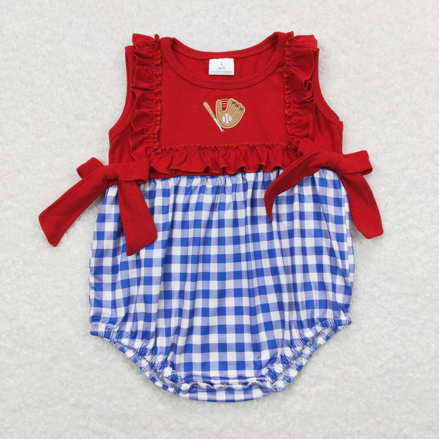 SR0615 Embroidered Baseball Red Bows Ruffle Blue Plaid Sleeveless Girls Bubble Romper  RTS 202508