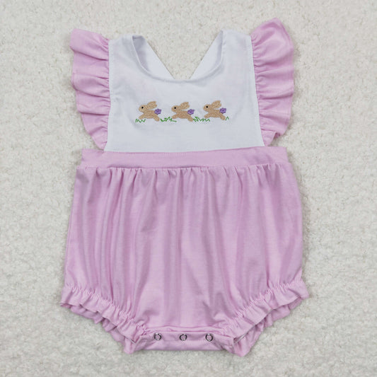 SR0620 Embroidered Three Rabbits with White Bow Purple Ruffle Flying Sleeve Girls Bubble Romper RTS 202508