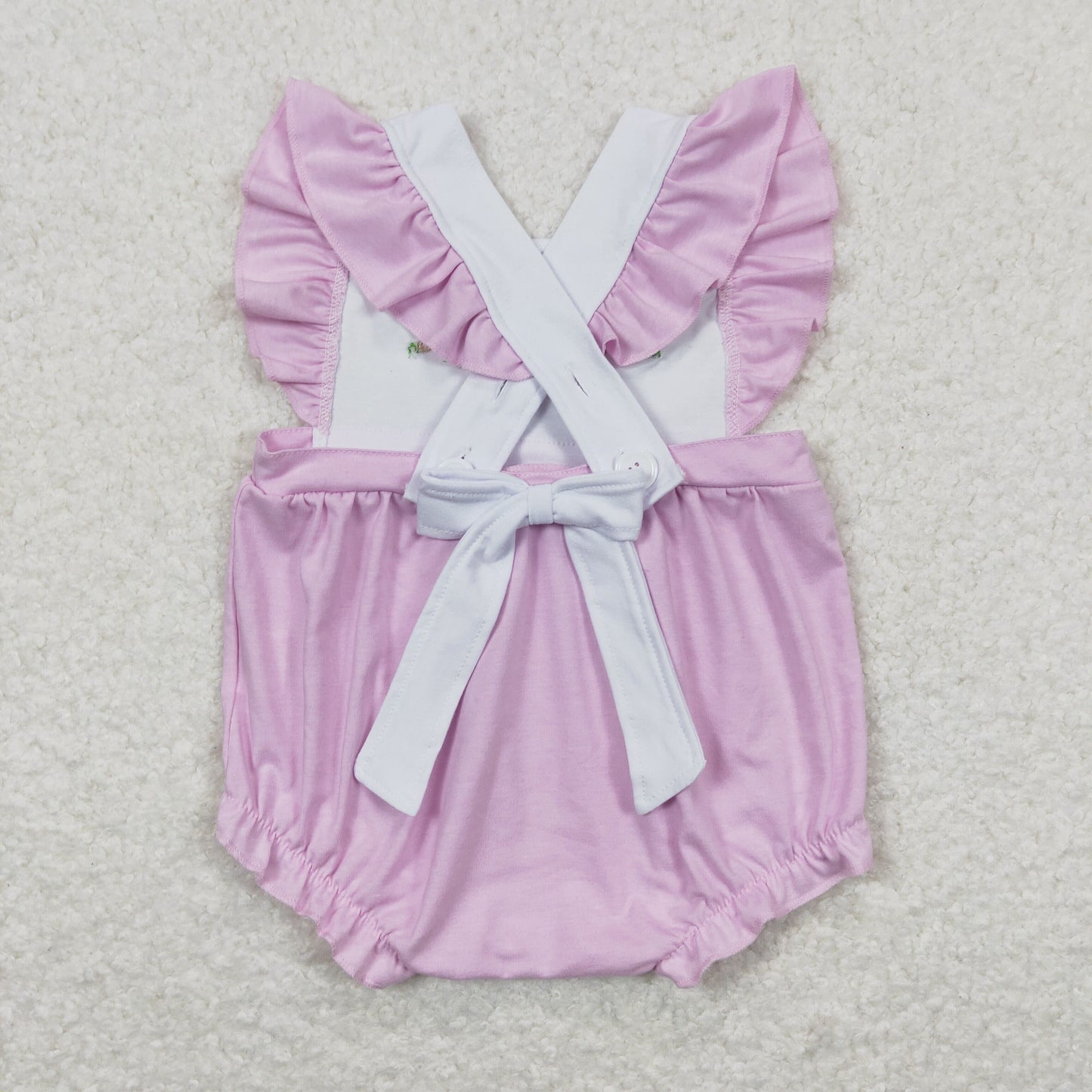 SR0620 Embroidered Three Rabbits with White Bow Purple Ruffle Flying Sleeve Girls Bubble Romper RTS 202508