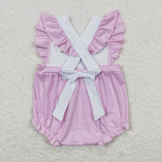 SR0620 Embroidered Three Rabbits with White Bow Purple Ruffle Flying Sleeve Girls Bubble Romper RTS 202508
