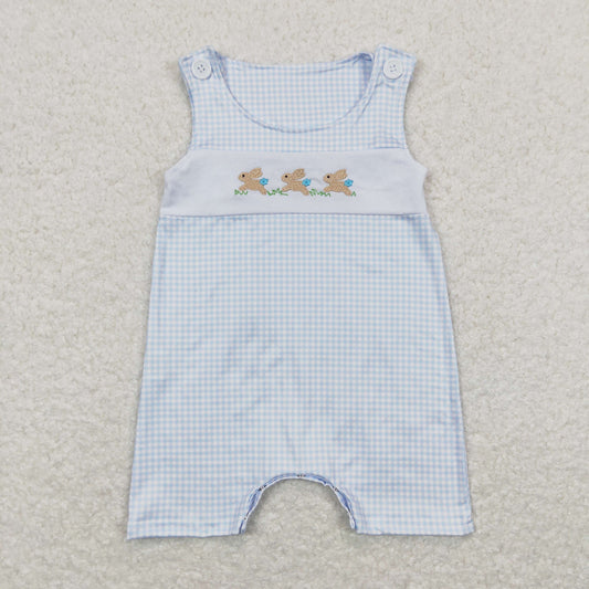 SR0621 Embroidered Three Rabbits Blue Plaid Sleeveless Boys Bubble Romper RTS 202508