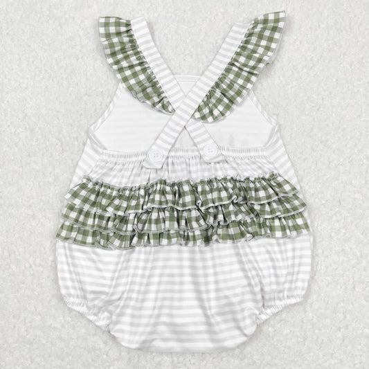 SR0658 Puppy Stripe Green Stripe Ruffles Girls Flying Sleeve Bubble Romper RTS 202508