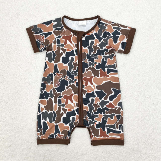 SR0666 Brown green camo zipper short sleeve romper High quality baby rompers boy