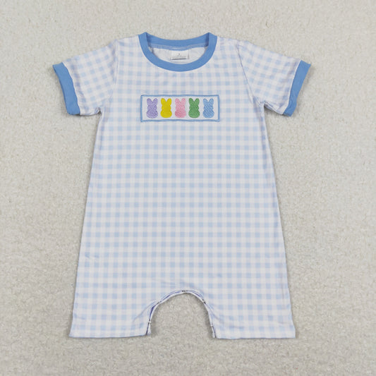 SR0690 Embroidered Colored Bunny Blue Plaid Short Sleeve Boys Romper RTS 202507