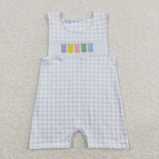 SR0691 Embroidered Colored Bunny Blue Plaid Sleeveless Boys Romper RTS 202508