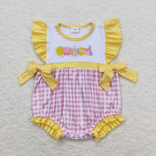 SR0701 Embroidered Shell Castle Yellow Ruffle Pink Plaid Sleeveless Girls Bubble Romper 202404 RTS