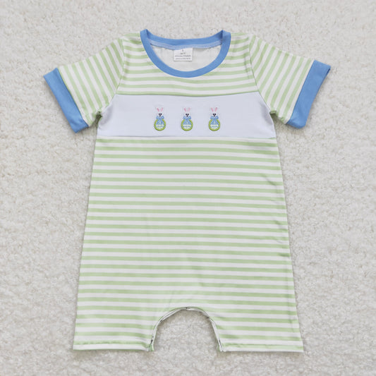 SR0704 Embroidered Easter Bunny Green Stripe Blue Boys Romper RTS 202508