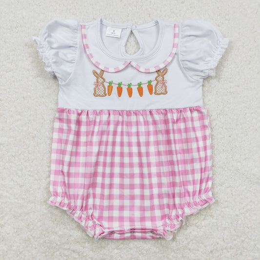 SR0722 Embroidered Easter Bunny Pink Plaid White Doll Collar Girls Short Sleeve Bubble Romper RTS 202508