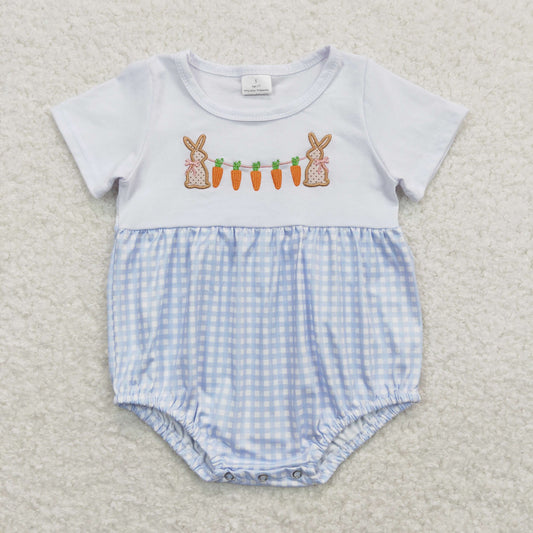 SR0723 Embroidered Easter Bunny Blue Plaid White Boys Short Sleeve Bubble Romper RTS 202508