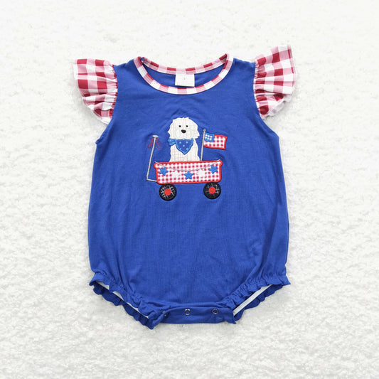SR0748 4th of July Embroidered Puppy Truck Flag Red Plaid Navy Blue Flying Sleeve Girls Bubble Romper