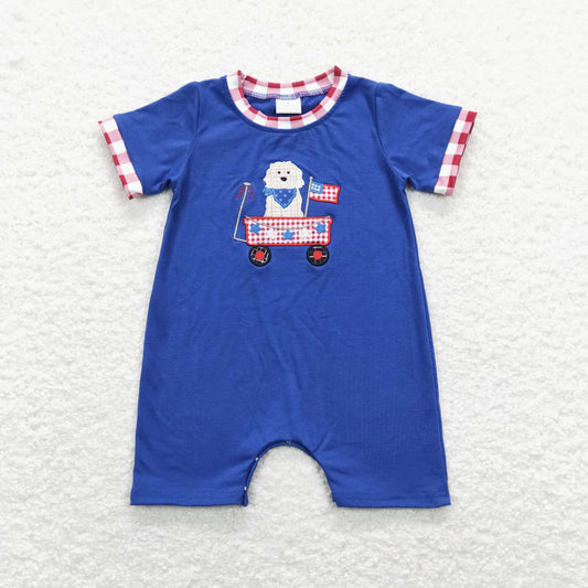 SR0749 4th of July Embroidered Puppy Truck Flag Red Plaid Navy Blue Short Sleeve Boys Bubble Romper