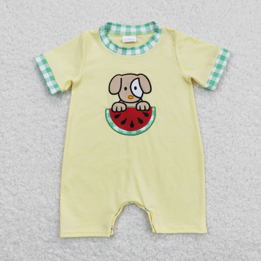 SR0788 Embroidered Watermelon Puppy Green Plaid Yellow Short Sleeve Boys Bubble Romper RTS 202508