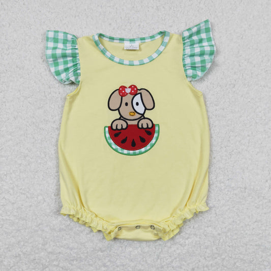 SR0789 Embroidered Watermelon Puppy Green Plaid Flying Sleeve Yellow Girls Bubble Romper RTS 202508