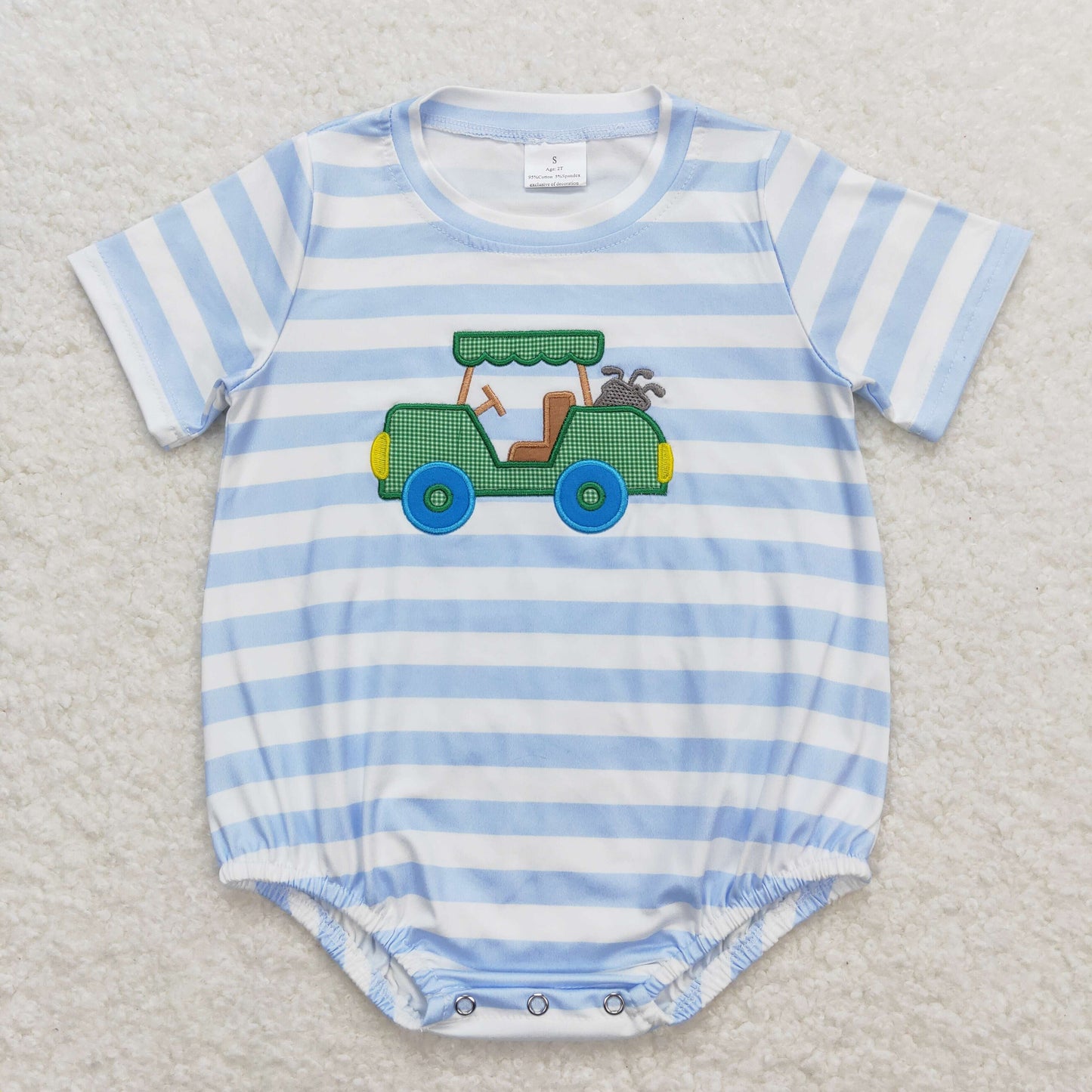 SR0795 Embroidered Golf Cart Blue and White Striped Short-Sleeved Boys Bubble Rompers RTS 202509