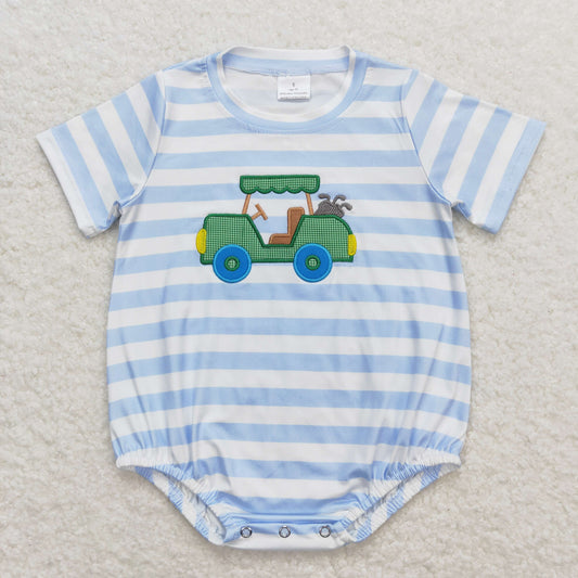 SR0795 Embroidered Golf Cart Blue and White Striped Short-Sleeved Boys Bubble Rompers RTS 202509