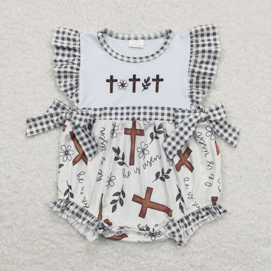 SR0813 Easter Cross Black Stripe Bows Ruffle Flying Sleeve Girls Bubble Romper RTS 202508