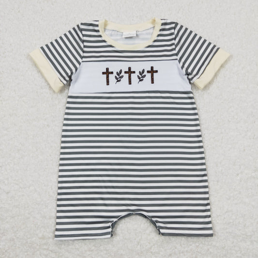 SR0814 Easter Cross Black Stripe Sleeveless Romper Boys Boutique RTS
