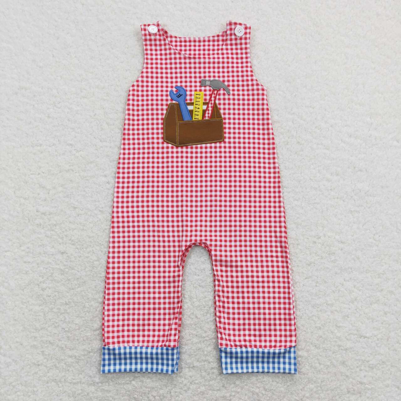SR0822 Embroidered Hammer Tool Red and White Plaid Sleeveless Boys Romper High Quality RTS 202507