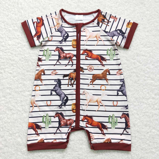 SR0823  Boots Horse Cactus Stripe Brown Zipper Short Sleeve Boy Rompers RTS 202508