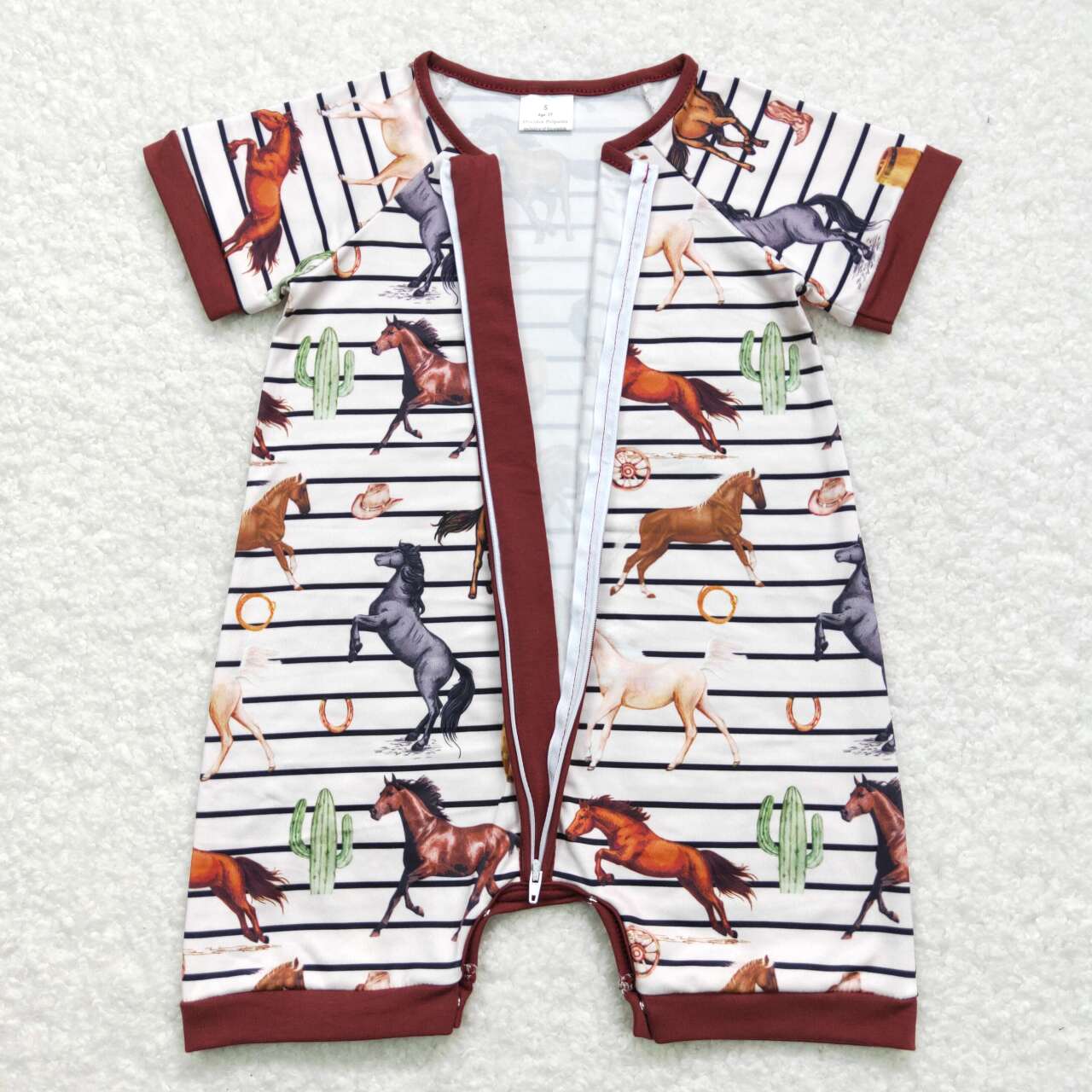 SR0823 Boots Horse Cactus Stripe Brown Zipper Short Sleeve Boy Rompers RTS 202508