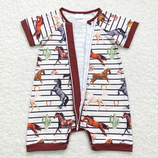SR0823  Boots Horse Cactus Stripe Brown Zipper Short Sleeve Boy Rompers RTS 202508