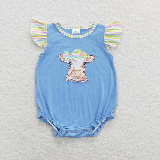 SR0825 Embroidered Bows Cow Colored Stripe Flying Sleeve Blue Romper Girls High Quality Clothing RTS 202507