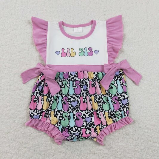 SR0867 Leopard Letter Purple Bows Flying Sleeve Girls Bubble Romper RTS 202507