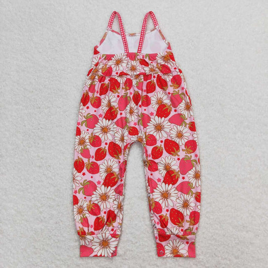 SR0887 red strawberry flower plaid overall jumpsuits Girls Boutique clothes  202404 RTS