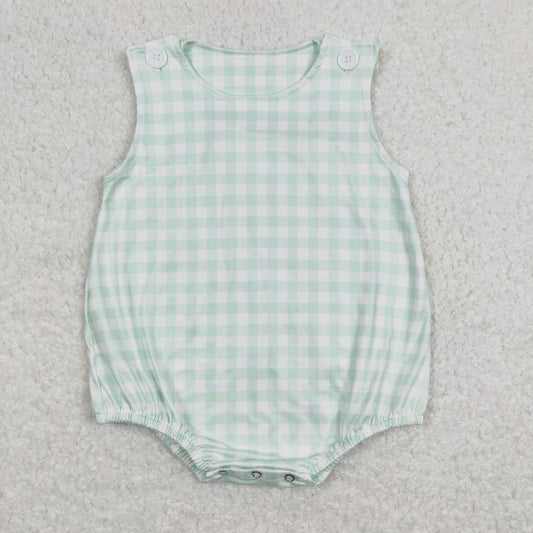 SR0892 Pea Green Plaid Sleeveless Romper Boys Boutique Outfit summer clothes RTS 202501