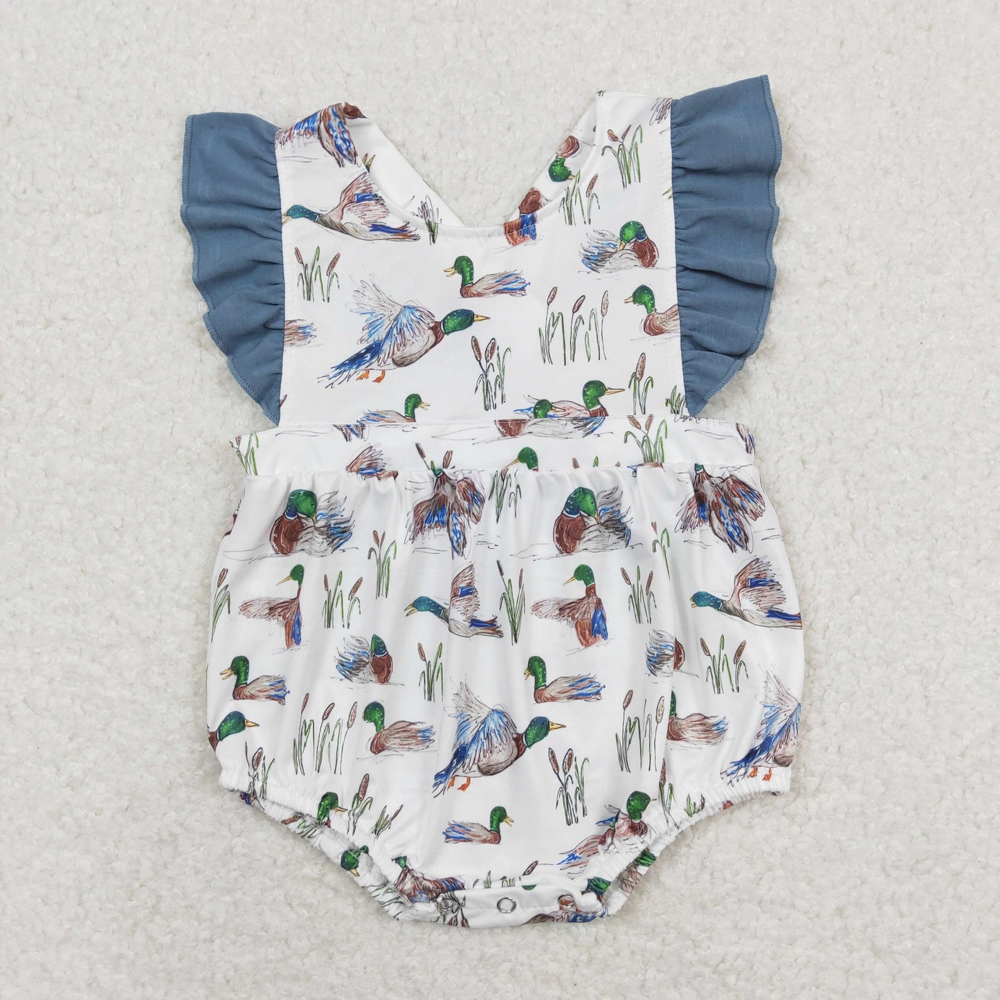 SR0893 Duck Hunting Dark Blue Green Ruffle Flying Sleeve Girls Bubble Romper RTS 202508