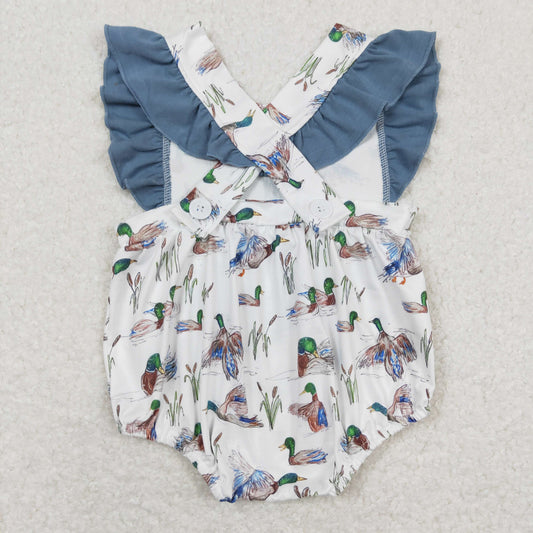 SR0893 Duck Hunting Dark Blue Green Ruffle Flying Sleeve Girls Bubble Romper RTS 202508