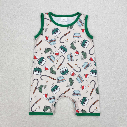 SR0914 Fishing tool Green side vest romper High quality baby sleeveless romper