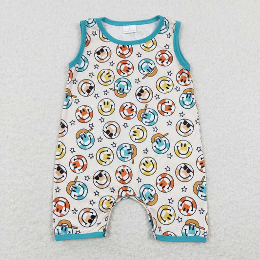 SR0915 Smile Face Pattern Blue Green Sleeveless Boys Romper RTS 202507