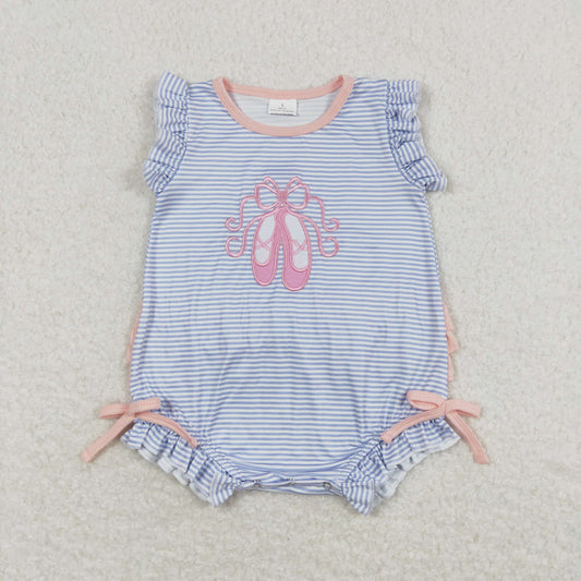 SR0931 Embroidered Shoes Blue Stripe Ruffle Fly Sleeve Romper Baby Girl Boutique Outfits 20240401 RTS
