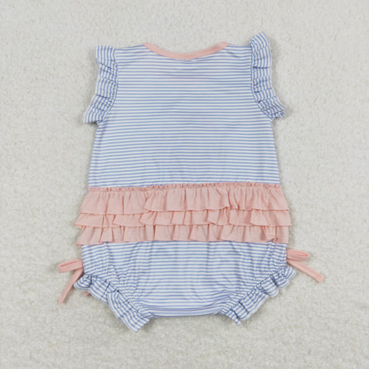SR0931 Embroidered Shoes Blue Stripe Ruffle Fly Sleeve Romper Baby Girl Boutique Outfits 20240401 RTS