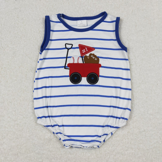 SR0935 Embroidered Baseball Cart Blue Striped White Vest Boys Bubble Romper RTS 202508