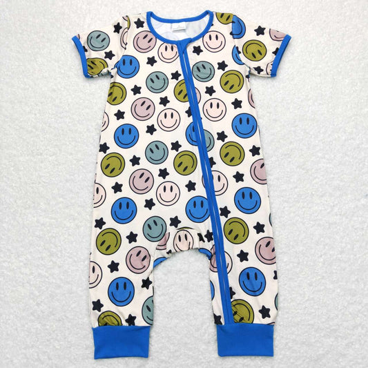 SR0944 Smiley Star Blue Zipper Short Sleeve Boys Rompers RTS 202508