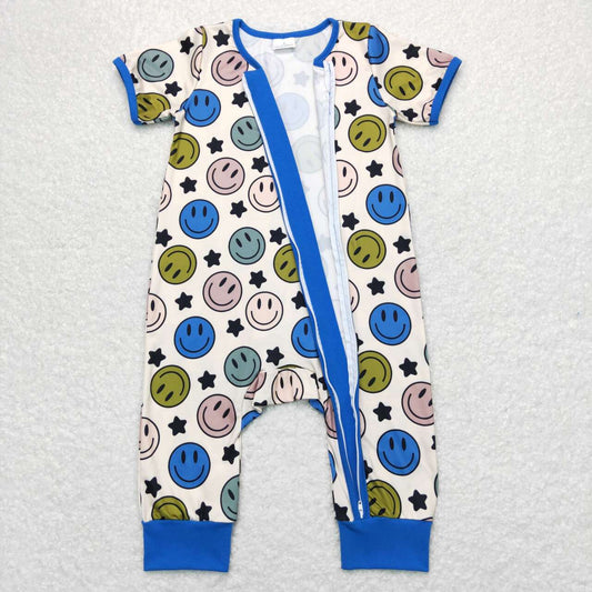 SR0944 Smiley Star Blue Zipper Short Sleeve Boys Rompers RTS 202508