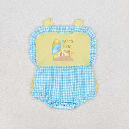 SR0956 beach brat checkered yellow lace vest romper High quality baby romper suit