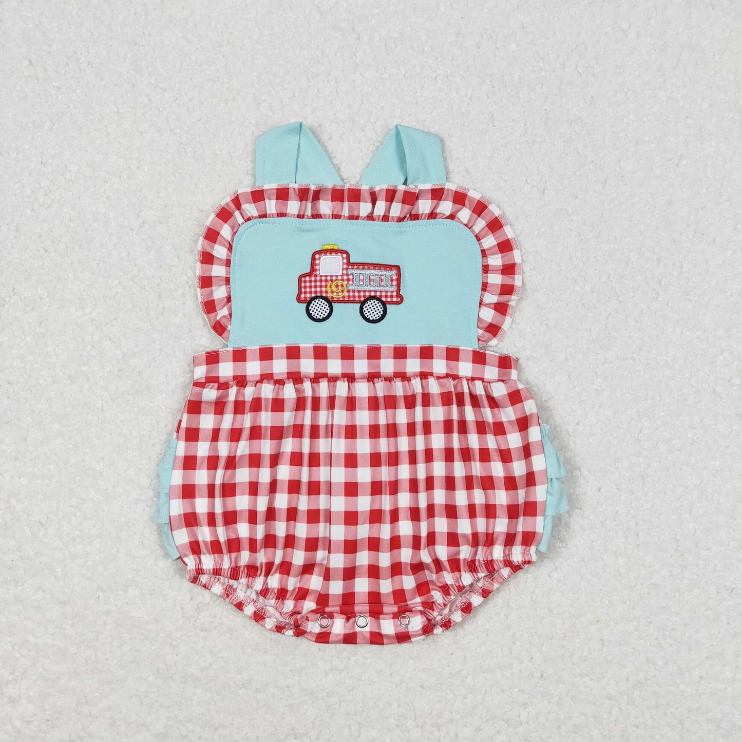 SR0958 Embroidery fire engine Red plaid blue lace vest onesie High quality kids romper romper girl
