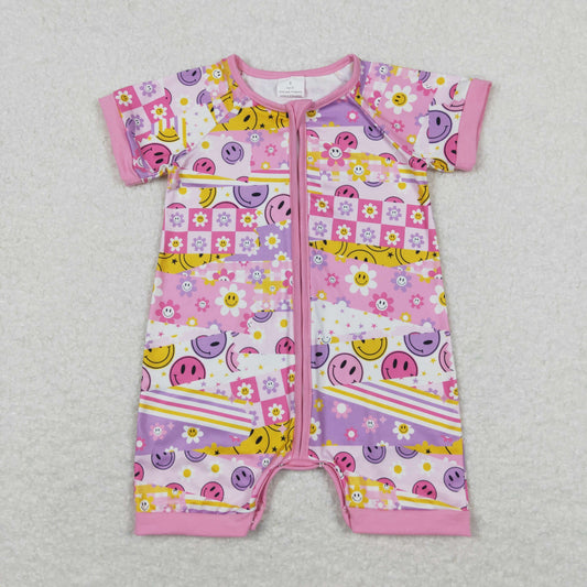 SR0968 Pink Smile Face Flower Zippy Short Sleeve Romper Girls Boutique Outfits 202404 RTS