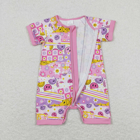 SR0968 Pink Smile Face Flower Zippy Short Sleeve Romper Girls Boutique Outfits 202404 RTS