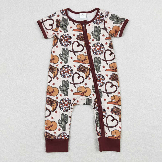 SR0973 Cowboy Cactus Hat Brown Zippy Short Sleeve Boys Romper RTS 202508