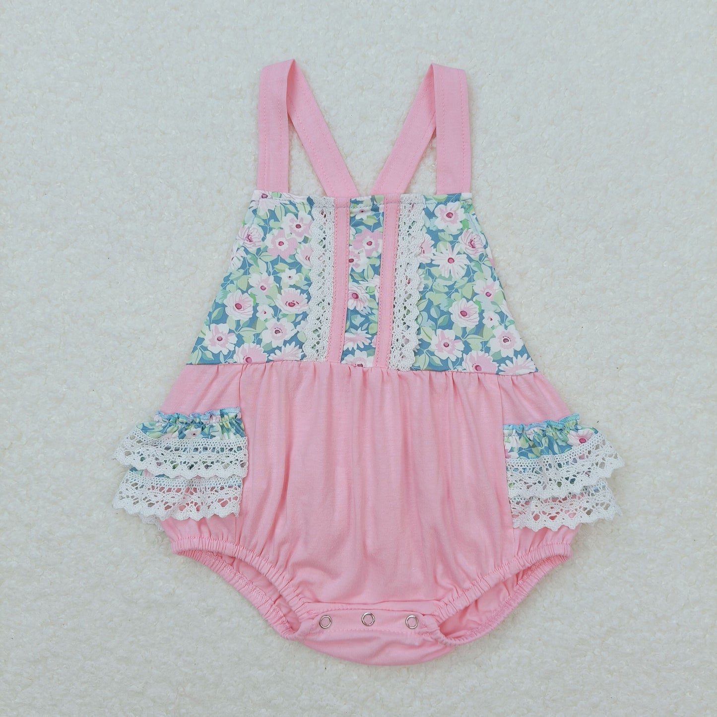 SR0986 Floral Lace Ruffle Pink Halter Girls Bubble Romper RTS 202508