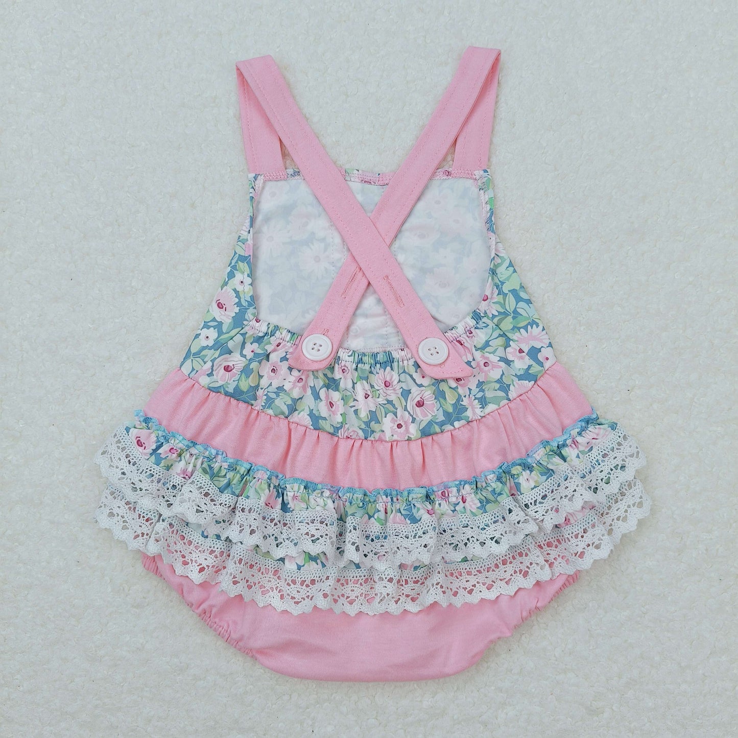 SR0986 Floral Lace Ruffle Pink Halter Girls Bubble Romper RTS 202508