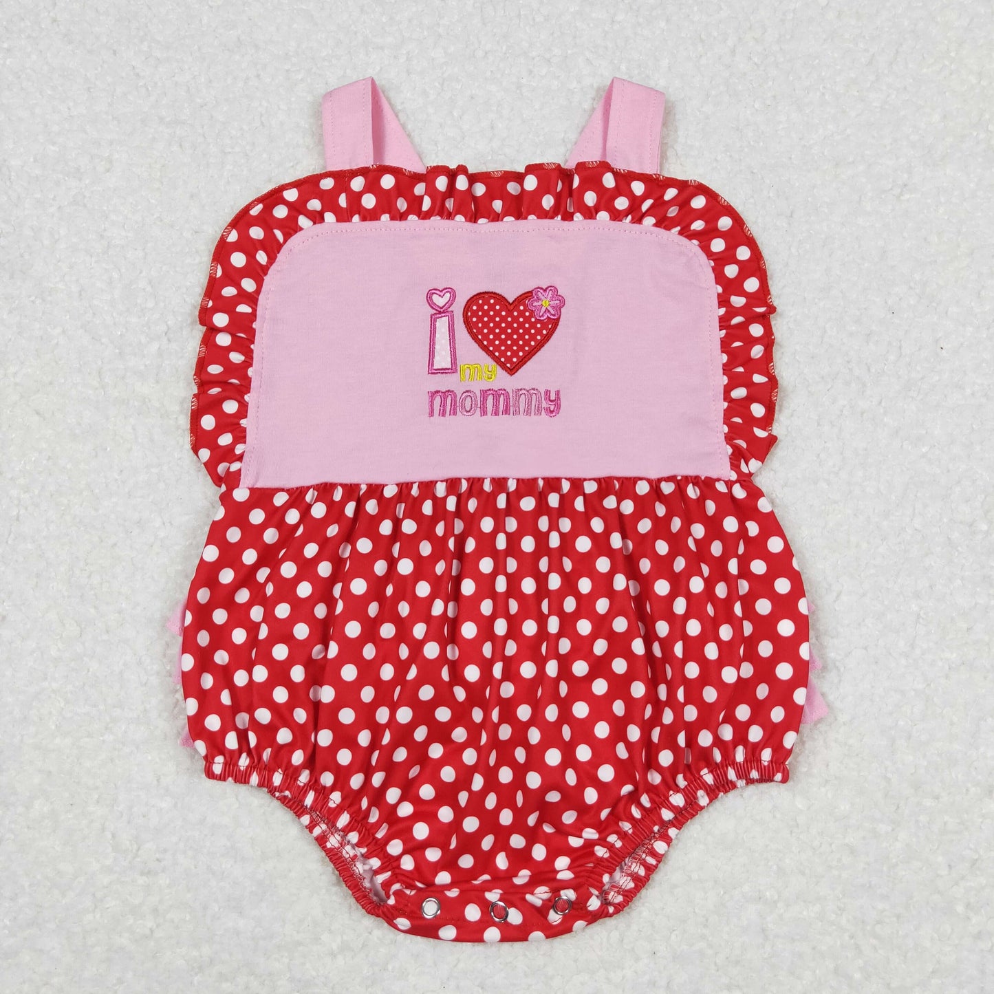 SR0990 I Love mommy Embroidered Red Dots Ruffle Sleeveless Romper Girls Boutique Outfits 202404 RTS