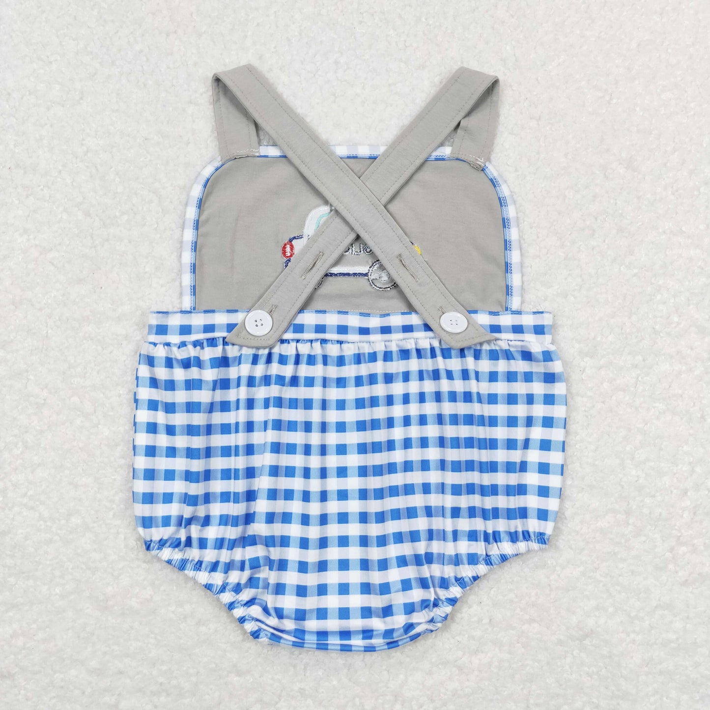 SR0997 Embroidered Police Car Blue Plaid Gray Sleeveless Romper Baby Boys Boutique Outfits 20240402 RTS